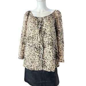 Rebecca Taylor Tan Brown Leopard 3/4 Sleeve Tie Neck Top Size 10